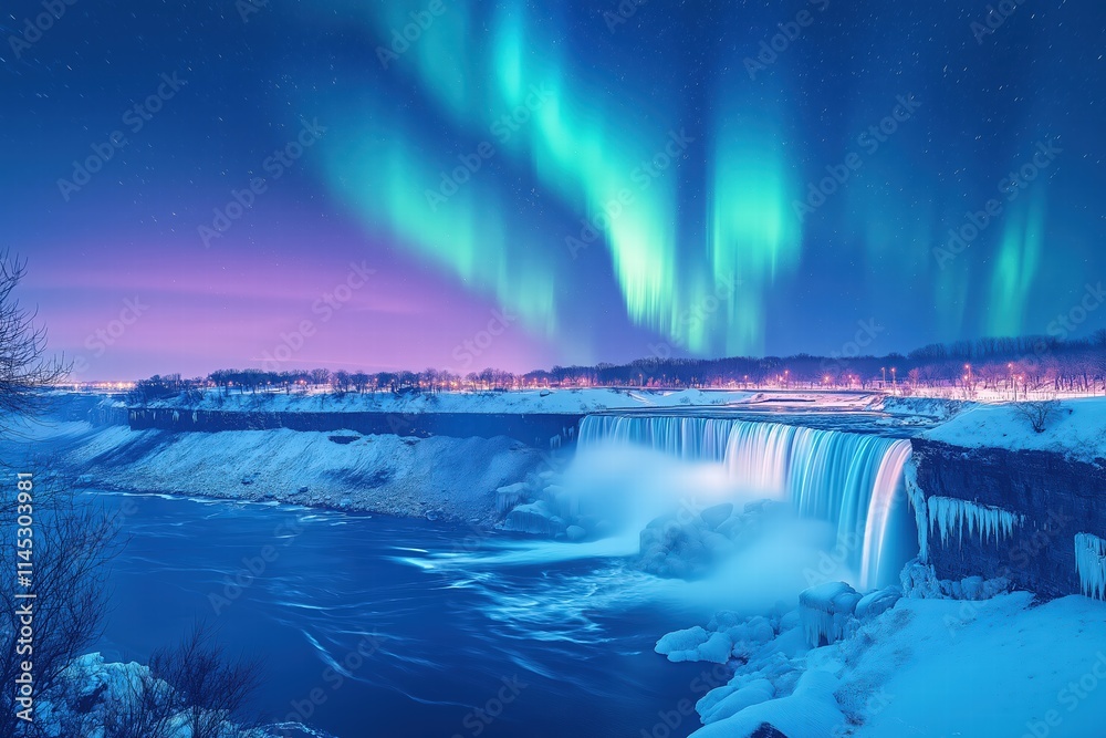 Aurora borealis illuminates Niagara Falls in a stunning winter night display with frozen landscapes Aurora borealis illuminates Niagara Falls in a stunning winter night display with frozen landscapes