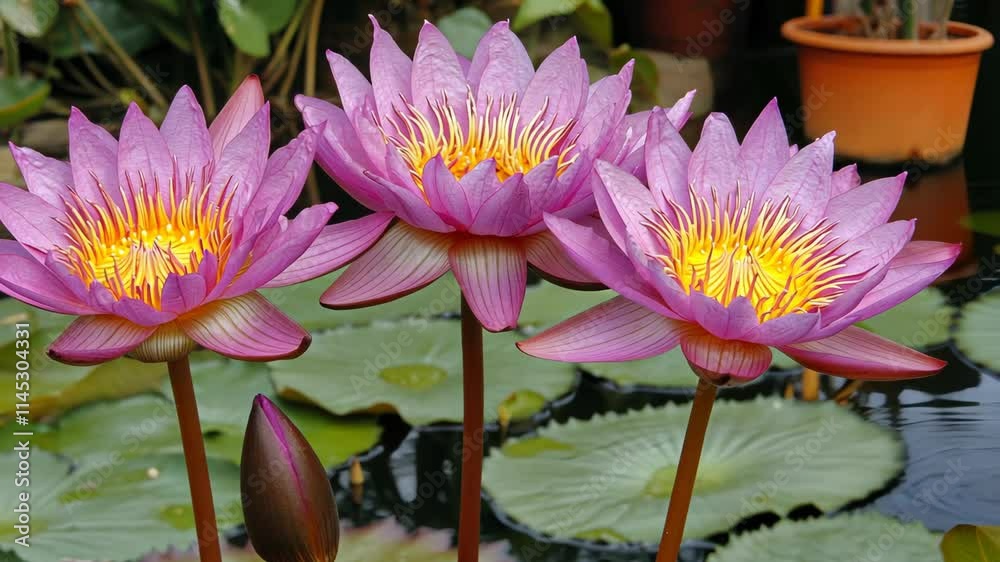 Beautiful purple water lilies bloom in a tranquil pond during a sunny afternoon in a botanical garden