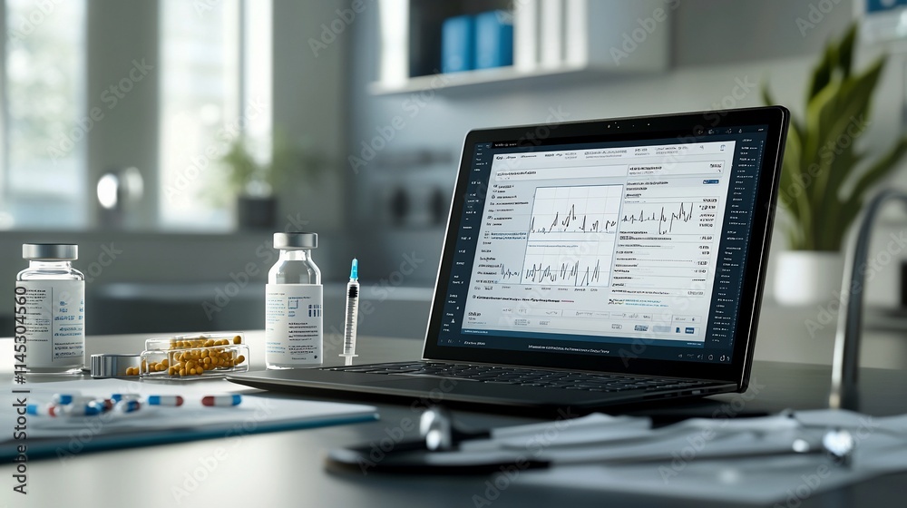 Medical workspace with a laptop, vials, pills, and a thermometer. Medical workspace with a laptop, vials, pills, and a thermometer.