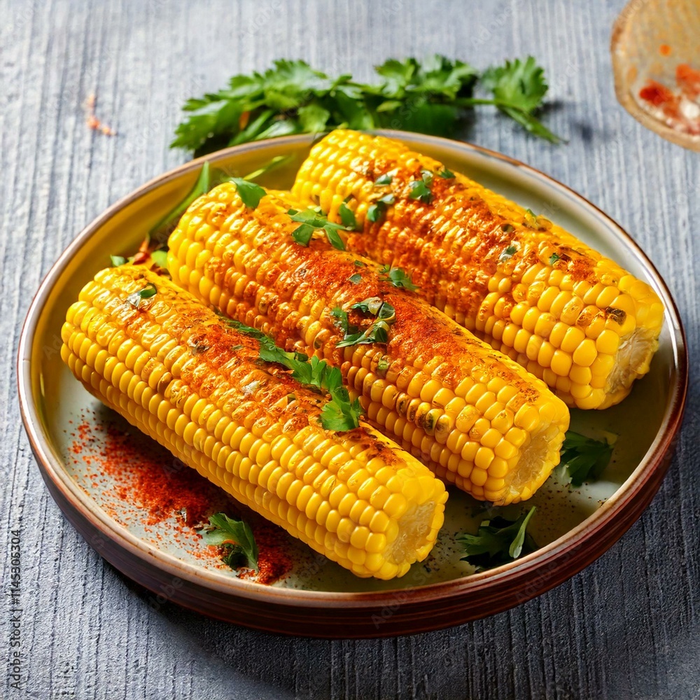 Boiled corn on cob with fresh chopped cilantro and sweet paprika powder served on ceramic plate