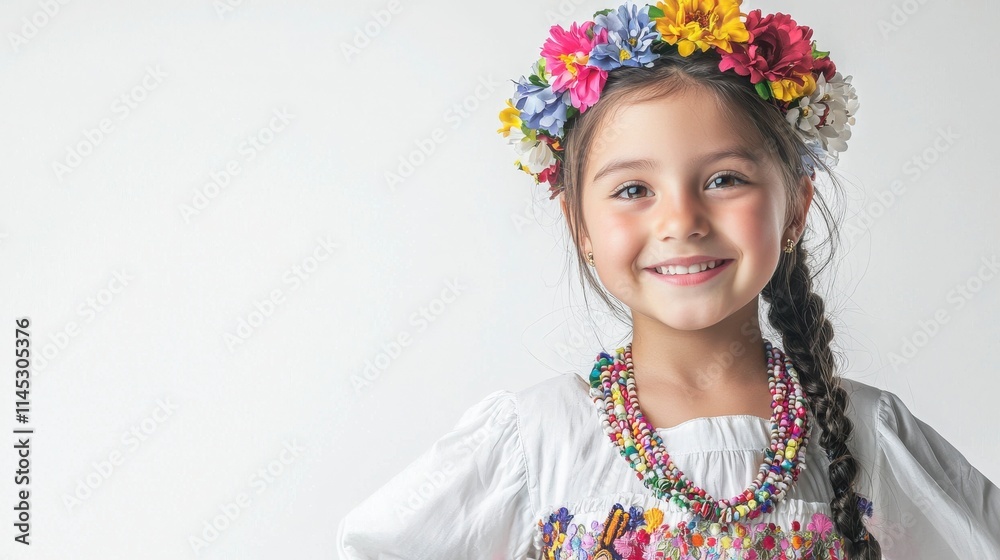 Smiling Girl with Flower Crown and Colorful Traditional Attire Smiling Girl with Flower Crown and Colorful Traditional Attire