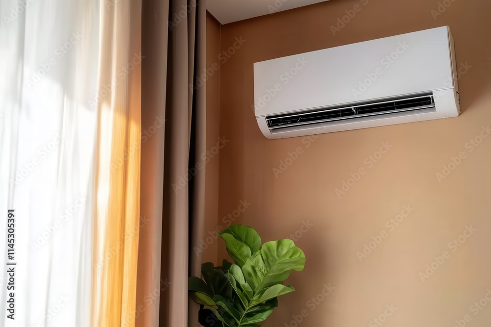 A well-decorated room features a modern air conditioner on a warm-toned wall, illuminated by natural light alongside curtains, symbolizing comfort and efficiency. A well-decorated room features a modern air conditioner on a warm-toned wall, illuminated by natural light alongside curtains, symbolizing comfort and efficiency.