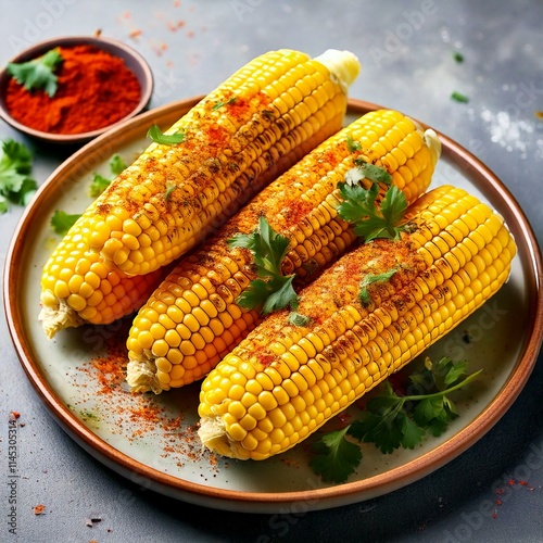Boiled corn on cob with fresh chopped cilantro and sweet paprika powder served on ceramic plate