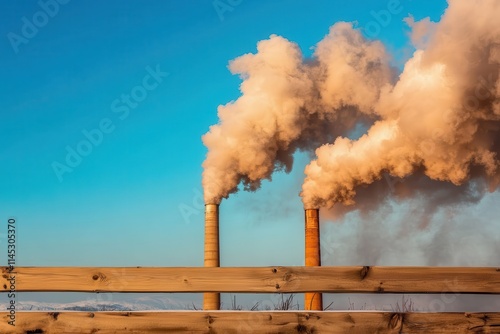 Two industrial chimneys emit thick smoke into the sky, symbolizing pollution and environmental impact, against a clear blue sky in a fenced area setting. photo