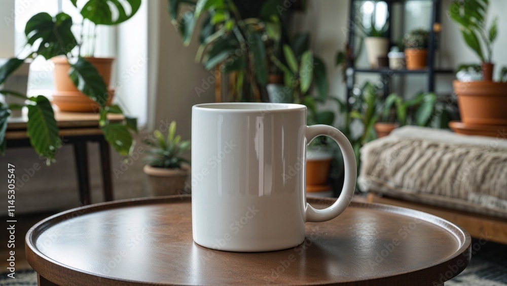 Blank white ceramic coffee mug mockup on a round coffee table with houseplants in a living room background Blank white ceramic coffee mug mockup on a round coffee table with houseplants in a living room background