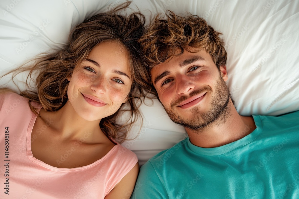 The image captures a cheerful duo, a young man and woman, smiling warmly while relaxing on white bedding, dressed in light-colored casual shirts.