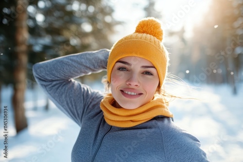 A woman clad in orange winter wear stands amidst a picturesque snowy landscape, smiling softly with sunlight filtering through the trees in the background. photo