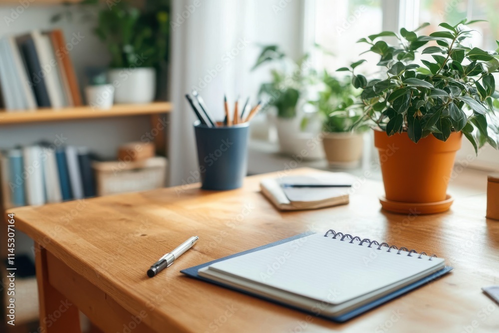 A well-lit desk with green plants, notebooks, a pen, and books, creating a focused and inspiring workspace ambiance perfect for productivity. A well-lit desk with green plants, notebooks, a pen, and books, creating a focused and inspiring workspace ambiance perfect for productivity.