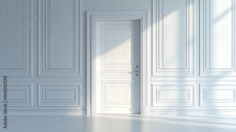 a white door open in an empty room with classic wall paneling. Isolated background with copy space a white door open in an empty room with classic wall paneling. Isolated background with copy space