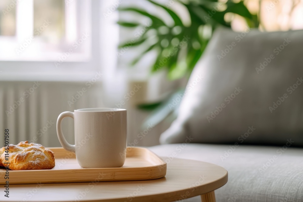 This tranquil image features a steaming cup of coffee and a pastry on a wooden tray in a well-lit, cozy room with green plants enhancing the atmospheric charm. This tranquil image features a steaming cup of coffee and a pastry on a wooden tray in a well-lit, cozy room with green plants enhancing the atmospheric charm.
