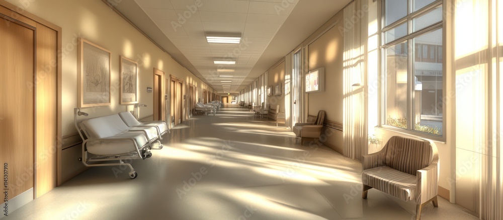 Sunlit hallway in a modern medical facility with chairs and medical beds. Sunlit hallway in a modern medical facility with chairs and medical beds.