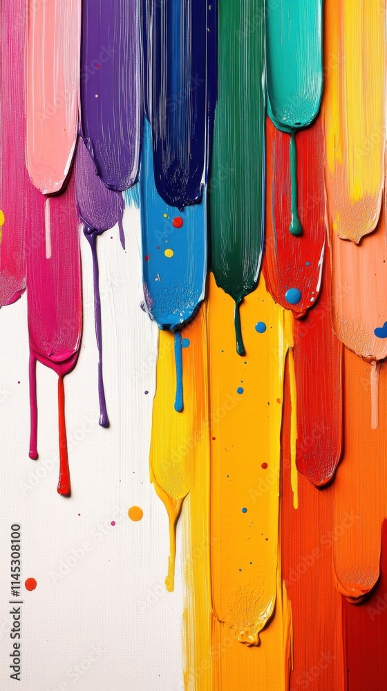 An abstract artwork featuring vertical strokes of vivid colors, such as pink, purple, blue, and orange, with some paint elegantly dripping down the canvas.