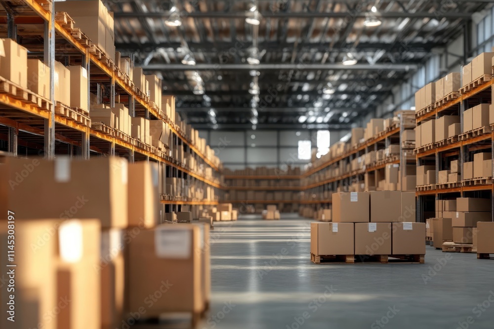 An expansive industrial warehouse filled with stacked cardboard boxes on shelves, highlighting logistics, storage, and the efficiency of large supply chain systems.