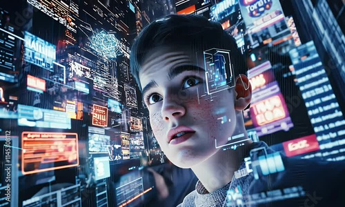 A chaotic futuristic city overflowing with holographic advertisements, glowing neon signs, and endless data streams in the air, young person, holographic display