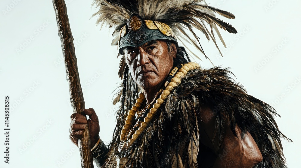 Traditional Indigenous Warrior in Feathered Attire with Staff Traditional Indigenous Warrior in Feathered Attire with Staff