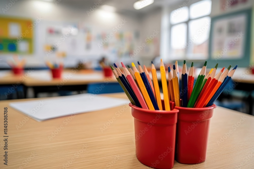 A brightly lit classroom featuring a focus on red containers filled with colored pencils, set against blurred desks and chairs in the background. A brightly lit classroom featuring a focus on red containers filled with colored pencils, set against blurred desks and chairs in the background.