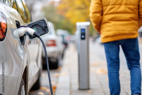 Image shows an electric car plugged into a charging station on a city street, with the charger and vehicle as the main focus and a person walking by.