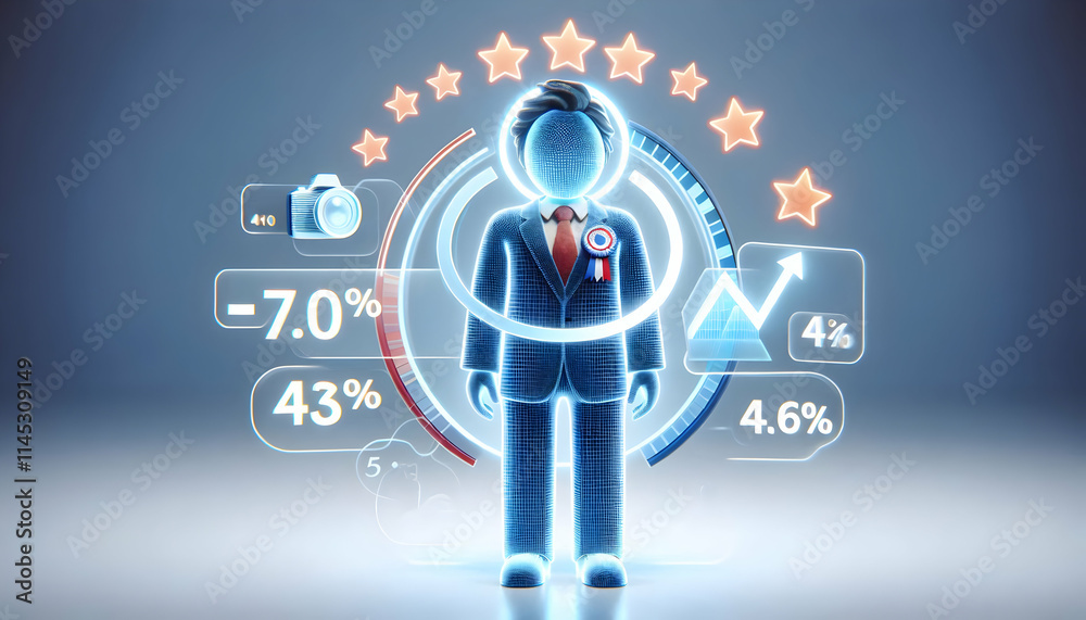 3D Politician Avatar with Approval Rating Aura - Holographic Concept Wide Shot 3D Politician Avatar with Approval Rating Aura - Holographic Concept Wide Shot