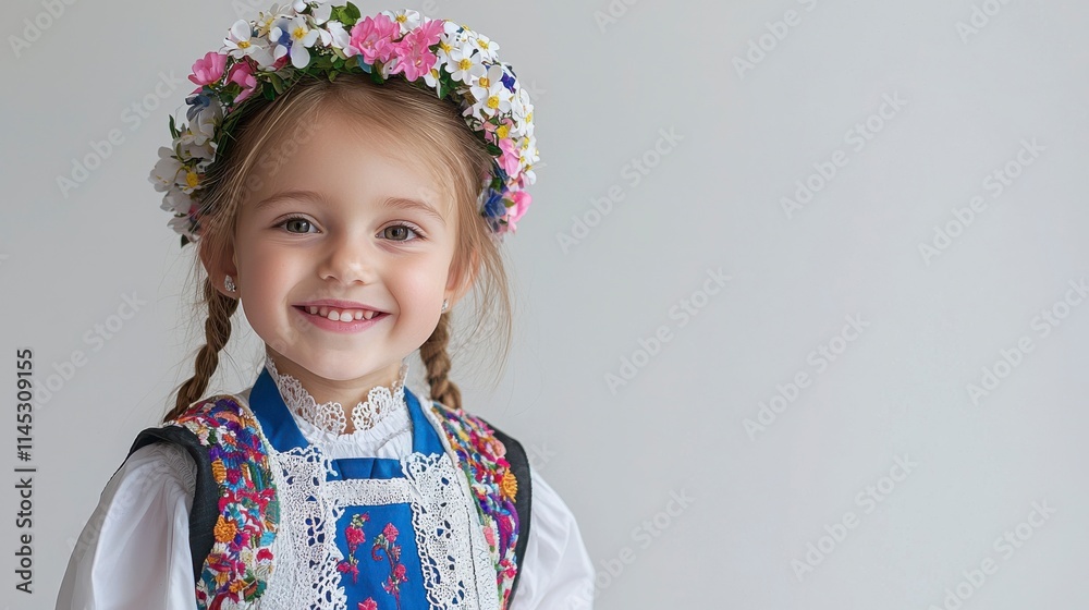 Happy Young Girl Wearing Traditional Floral Headpiece and Costume Happy Young Girl Wearing Traditional Floral Headpiece and Costume