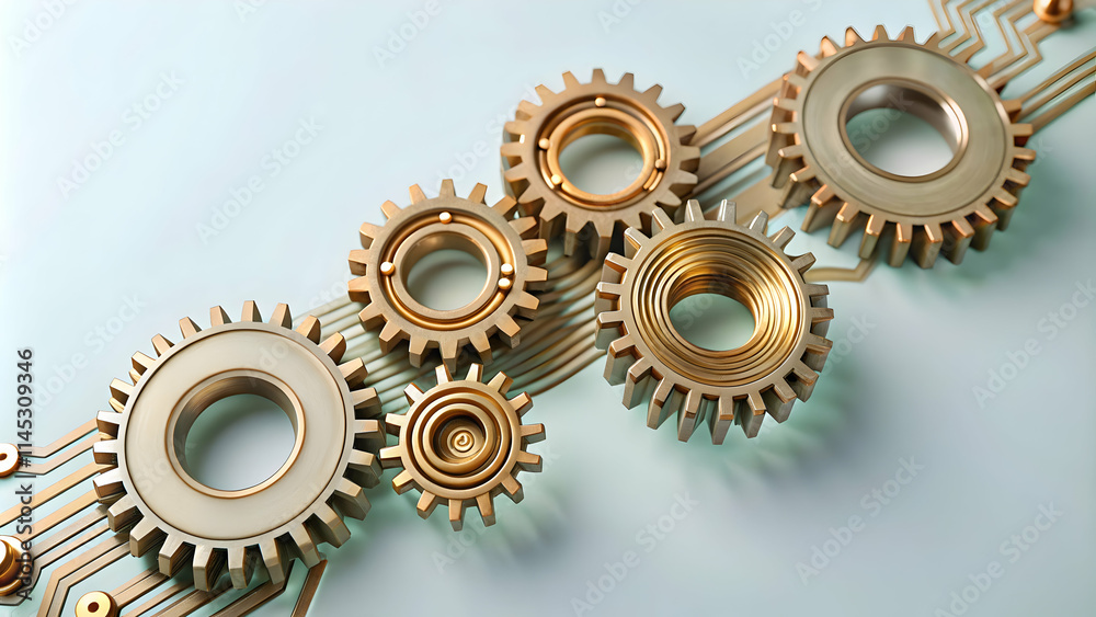 Abstract Mechanical Gears Connected by Circuit Lines Symbolizing Industrial Innovation Abstract Mechanical Gears Connected by Circuit Lines Symbolizing Industrial Innovation