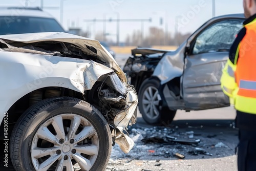 Two cars are visibly damaged from a collision in broad daylight, with parts scattered across the road as a person in a safety vest observes the aftermath.