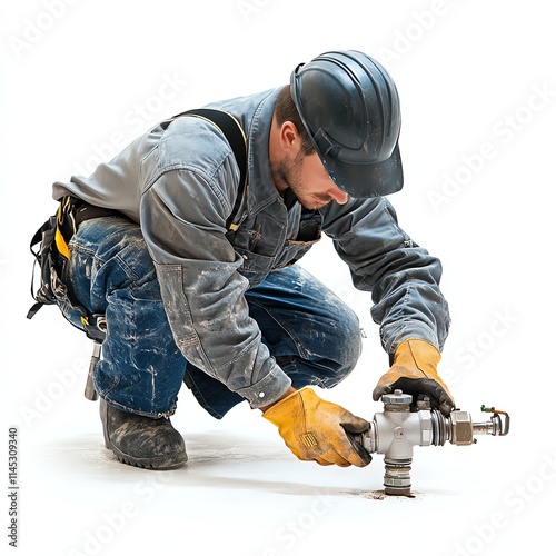 Worker fixing machinery, white isolate background photo