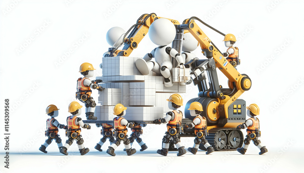 Fototapeta premium 3D Construction Workers Utilizing Exoskeletons for Enhanced Performance on Site