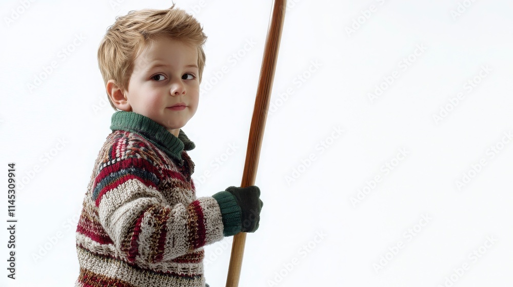 Young Child Holding Stick in Cozy Sweater Against Light Background Young Child Holding Stick in Cozy Sweater Against Light Background