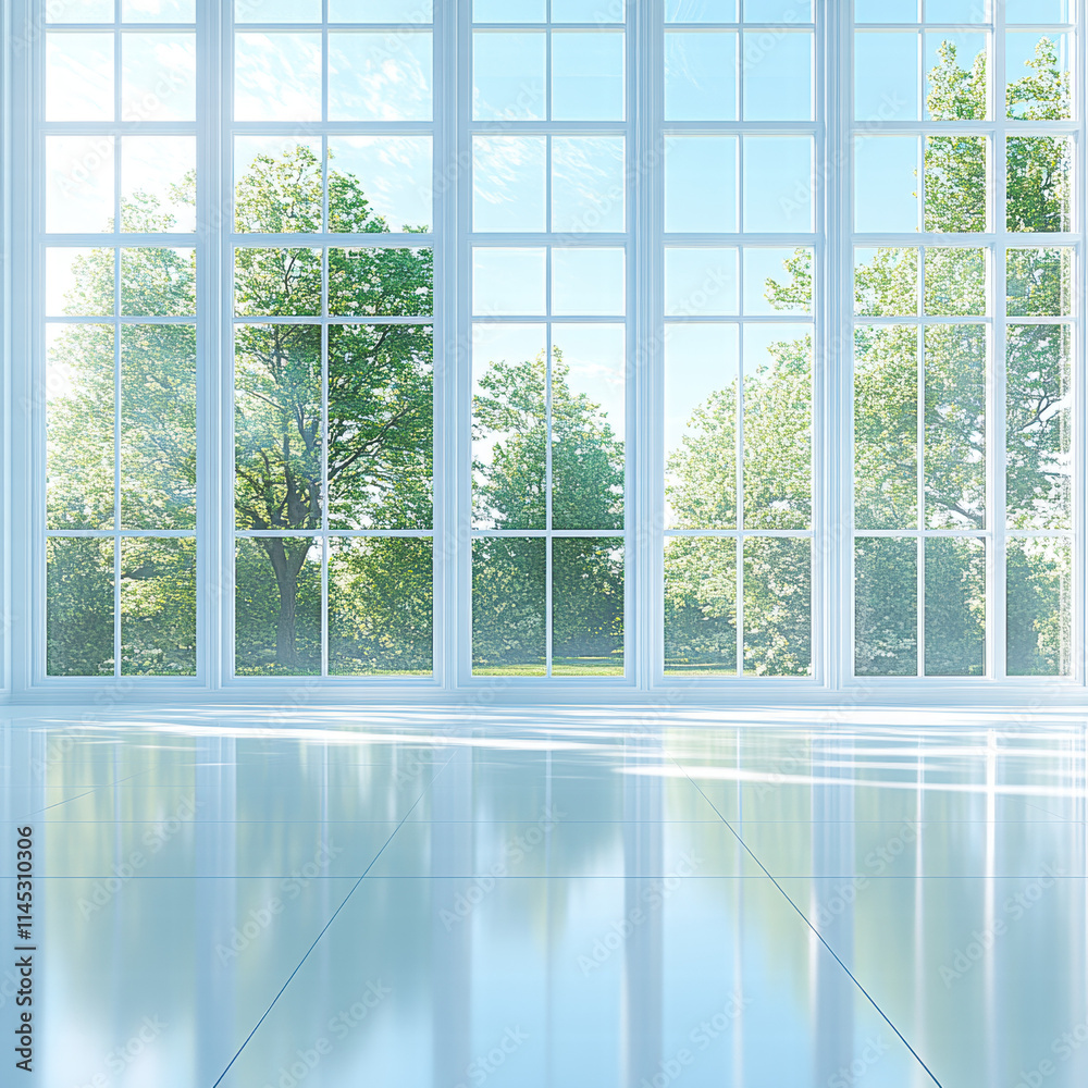 Bright room with large windows and a white ceramic tile floor, sunlight shining through the window onto the floor Bright room with large windows and a white ceramic tile floor, sunlight shining through the window onto the floor