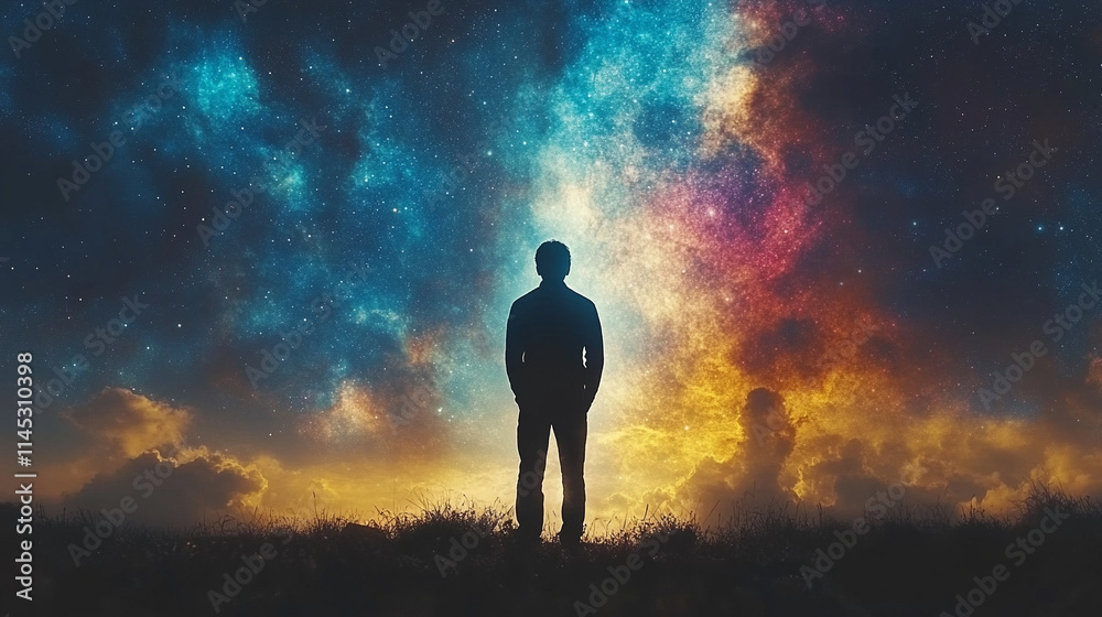 grateful man prays to God at dawn, facing the galaxy sky with a radiant backlight, symbolizing hope, faith, and spiritual connection amidst the vastness of the universe grateful man prays to God at dawn, facing the galaxy sky with a radiant backlight, symbolizing hope, faith, and spiritual connection amidst the vastness of the universe