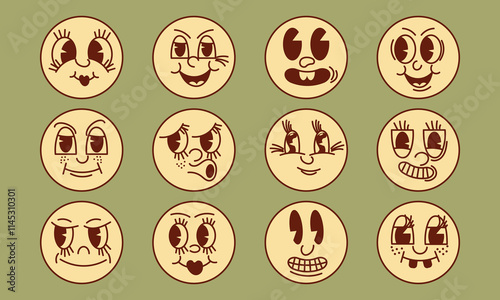 Twelve cartoon faces, icons in groovy style. Vector set