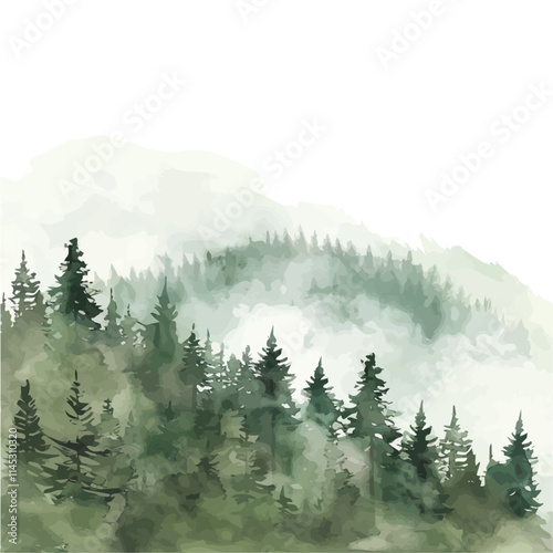 A watercolor illustration of soft spring mist in the forest, isolated on a white background. Soft spring mist in the forest vector.
