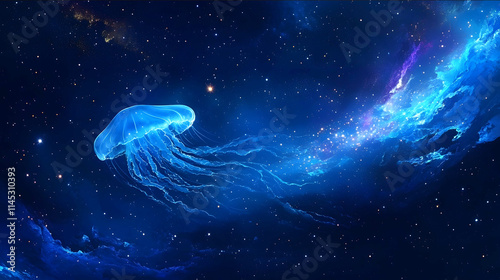 In the deep blue of space a transparent jellyfish floats among the stars Its tentacles shine like shooting stars creating a fantastical band of light photo