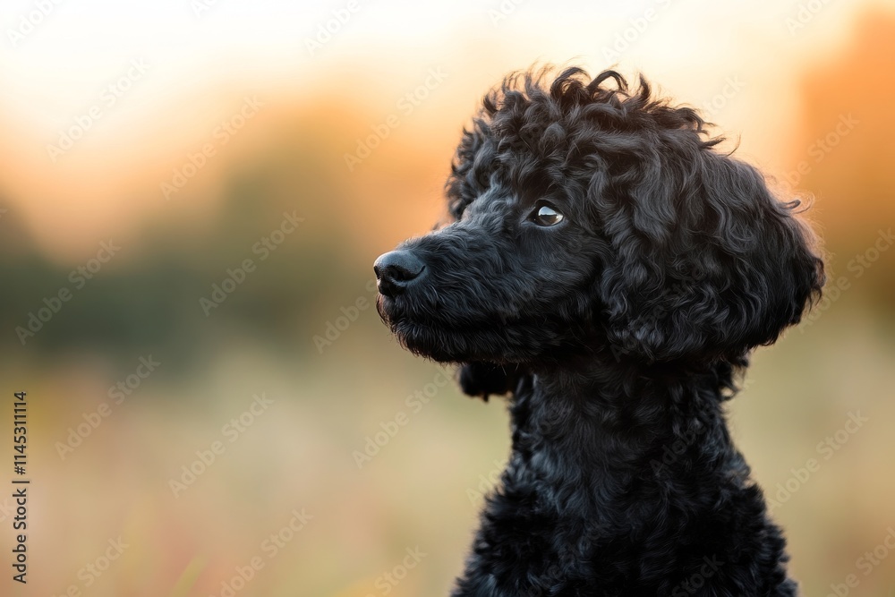 Black dog with curly fur gazing thoughtfully at sunset in a tranquil outdoor setting Black dog with curly fur gazing thoughtfully at sunset in a tranquil outdoor setting