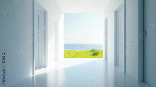3D rendering of a white hallway with doors leading to a green field and a sea view, in a minimalistic style, with bright lighting