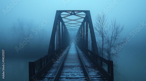 Misty railroad bridge disappearing into fog.