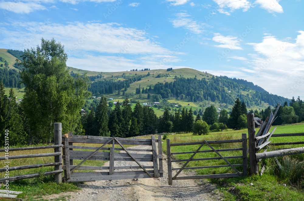 Scenic view of a rustic wooden gate opening to a lush green valley surrounded by mountains under a clear sky. Perfect for conveying natural beauty and tranquility. Carpathian Mountains, Ukraine
Scenic view of a rustic wooden gate opening to a lush green valley surrounded by mountains under a clear sky. Perfect for conveying natural beauty and tranquility. Carpathian Mountains, Ukraine