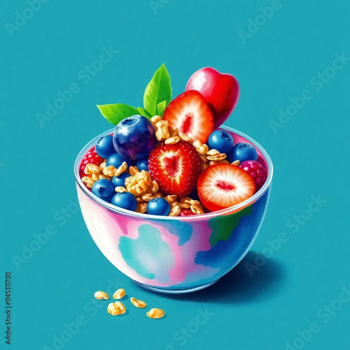 A colorful smoothie bowl topped with fresh fruits and granola, delicately rendered in a watercolor painting style, using rich deep teal, translucent washes, and fluid brushstrokes, showcasing luxuriou photo