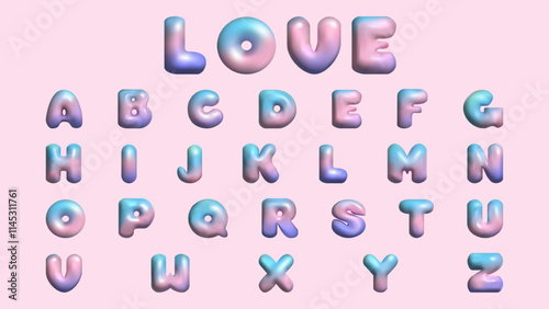 3D letters the English alphabet Y2K style. Bubble font. Text Love. Festive design. Rainbow Letters for Holiday.
