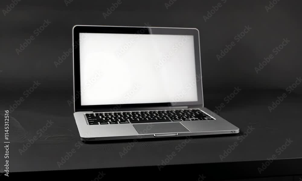 Silver Laptop on Dark Background: Modern Technology, Empty Screen, Workspace, Minimalist Design, Productivity, Communication, Digital Device, Innovation, Portable Computer Silver Laptop on Dark Background: Modern Technology, Empty Screen, Workspace, Minimalist Design, Productivity, Communication, Digital Device, Innovation, Portable Computer