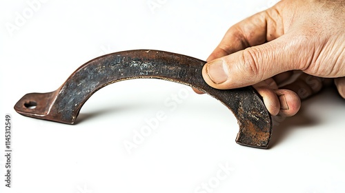 Hand holding an old metal tool on a white isolated background. photo