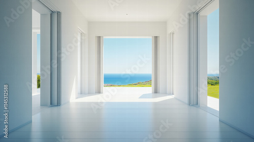 3D rendering of a white hallway with doors leading to a green field and a sea view, in a minimalistic style, with bright lighting