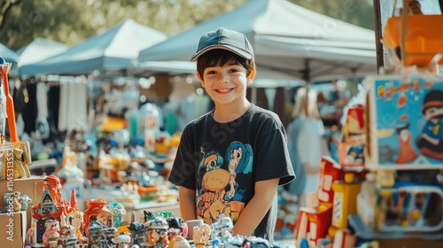 Young boy smiling at flea market.