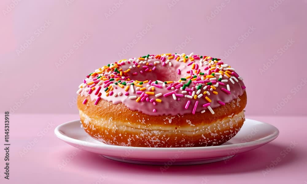 Pink-frosted doughnut with colorful sprinkles on plate Pink-frosted doughnut with colorful sprinkles on plate