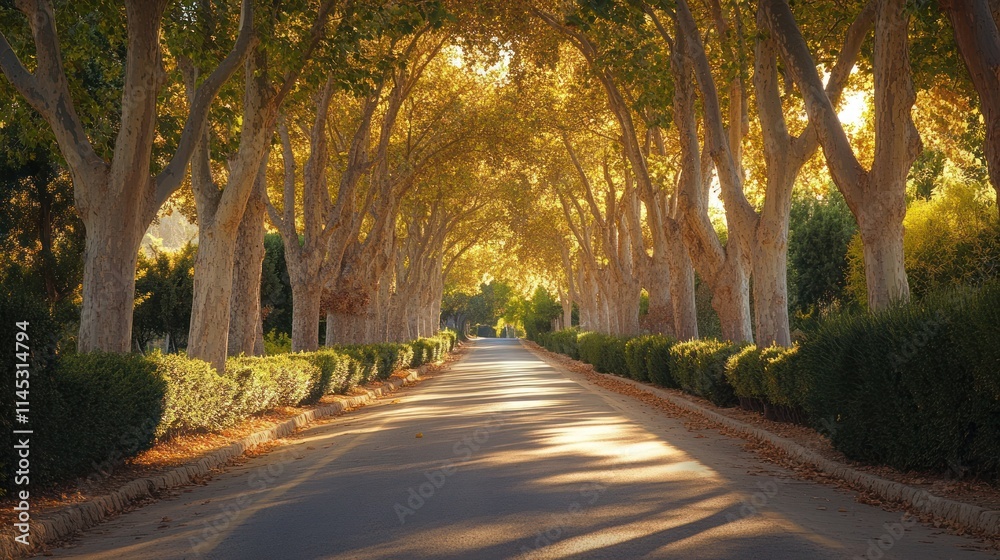 Obraz premium Sunlit Pathway Through a Tree-Lined Avenue