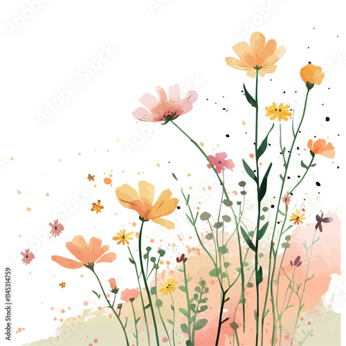 A watercolor drawing of a spring breeze blowing through flowers, isolated on a white background. Spring breeze blowing through flowers vector.
