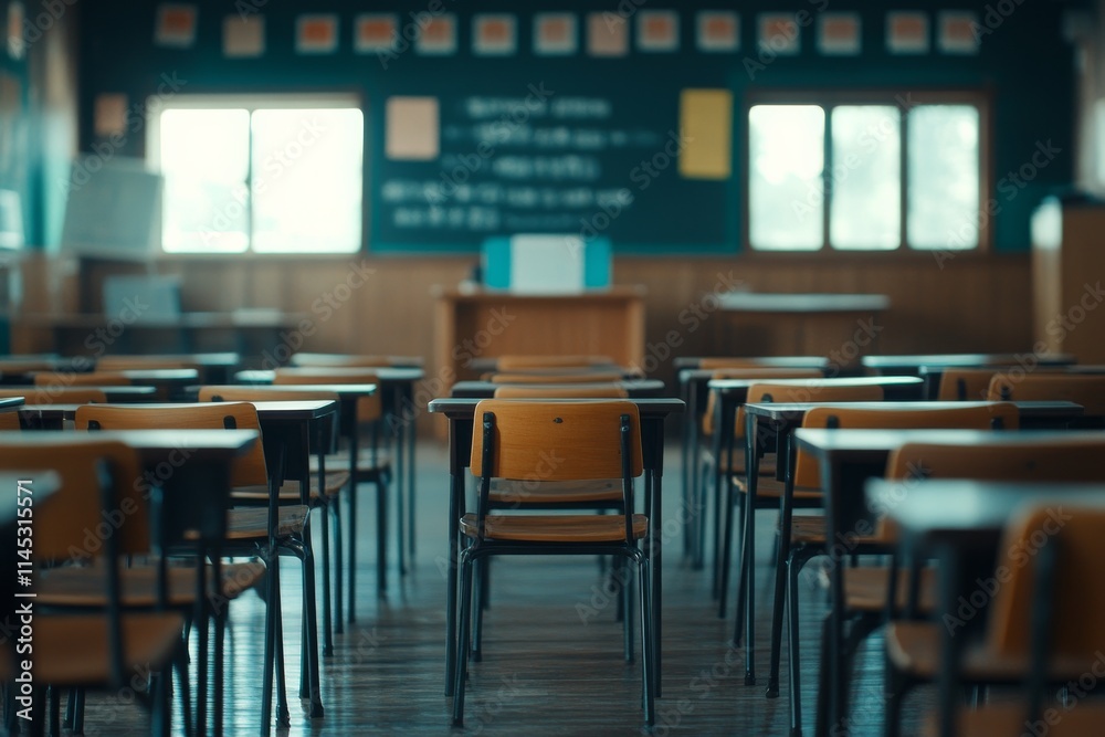 Classroom with empty desks and chairs ready for students at midday in a rural school Classroom with empty desks and chairs ready for students at midday in a rural school