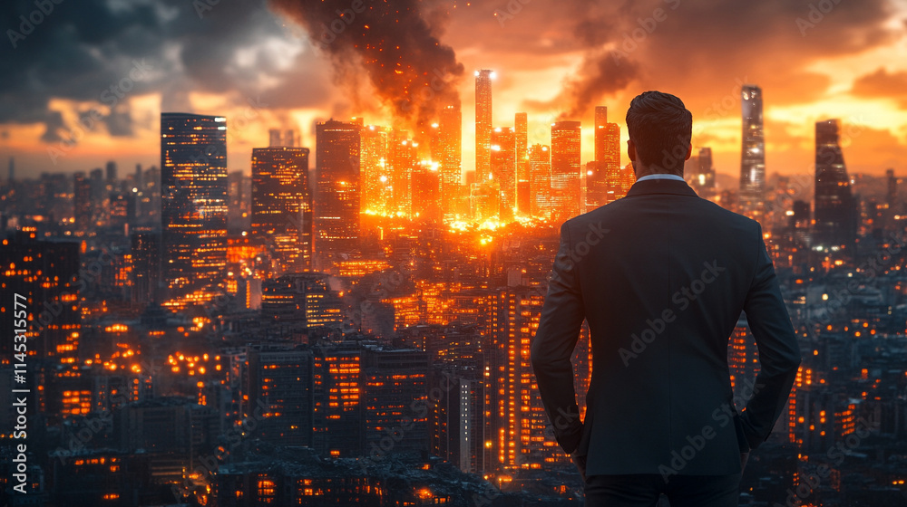 frustrated businessman watches in despair as a bank building collapses amidst a financial crisis, symbolizing stock market crash, credit risk, investment failure, and economic bankruptcy frustrated businessman watches in despair as a bank building collapses amidst a financial crisis, symbolizing stock market crash, credit risk, investment failure, and economic bankruptcy