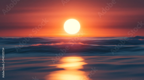 mesmerizing sunrise over the sea, with the water in motion and blurred, symbolizing chaos, renewal, and the natural beauty of the horizon as the day begins