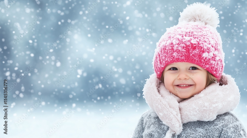 Winter Wonderland with Snowfall Backdrop Featuring Smiling Child in Pink Hat and Cozy Scarf for Seasonal Design and Joyful Holiday Themes Winter Wonderland with Snowfall Backdrop Featuring Smiling Child in Pink Hat and Cozy Scarf for Seasonal Design and Joyful Holiday Themes